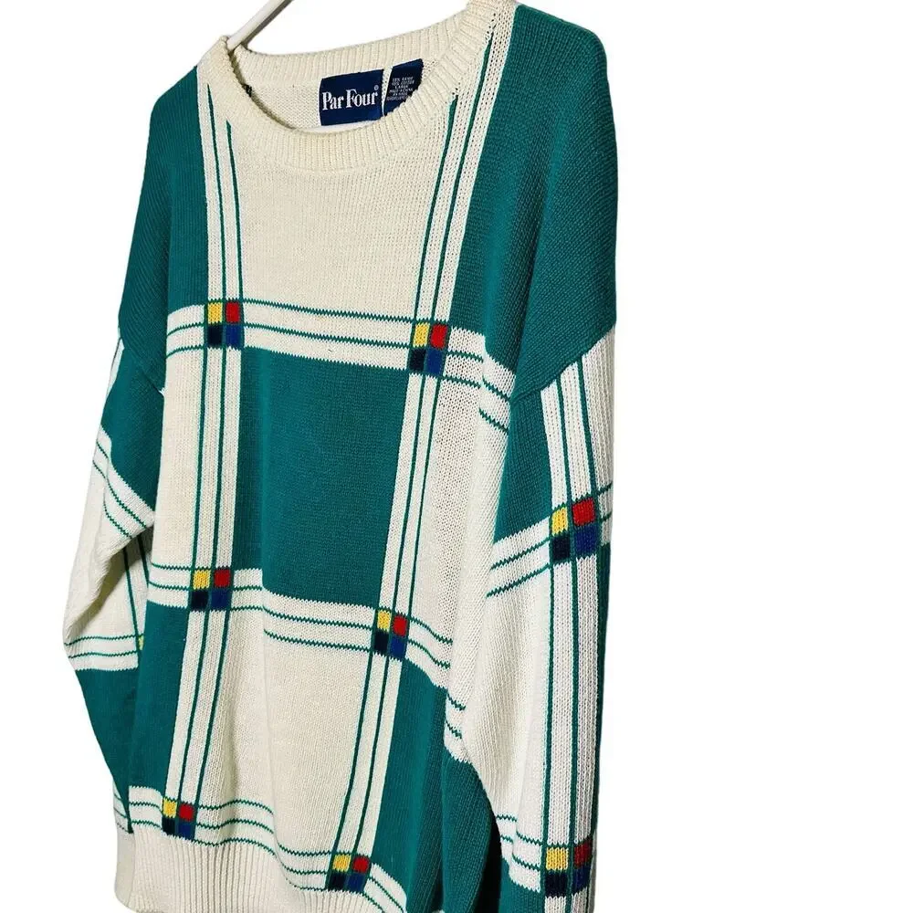 Vintage Par Four Green White Crewneck Oversized Sweater Golf Themed Size L